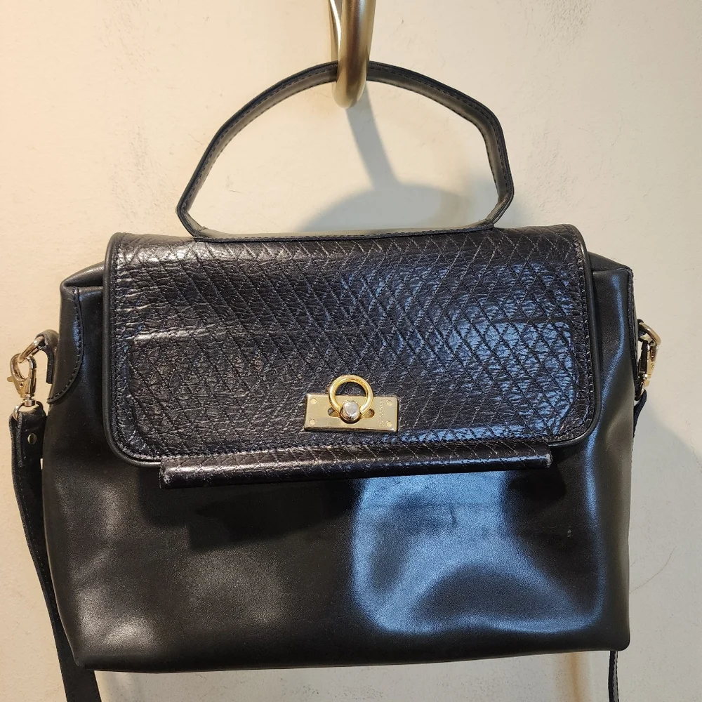 FRANCO CODI Classic Black Top-Handle Shoulder Leather Bag with Gold Hardware